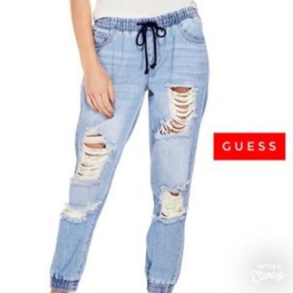 NWT Guess Andrea Destroyed Denim Joggers Y2K Distressed Ripped Jeans, Women Med - Picture 1 of 13